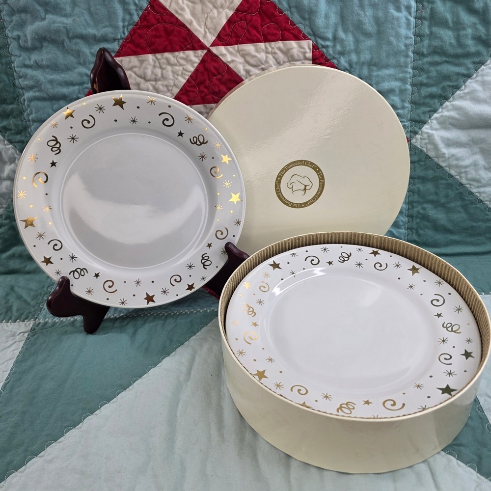 Pampered Chef Celebrations Dessert Plates Set of 4 Gold Stars Swirls White Round